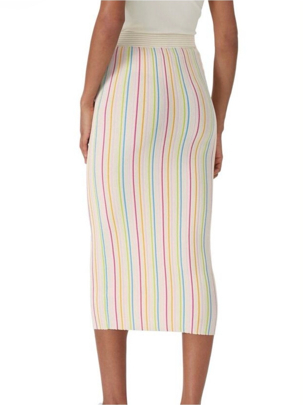 KULE Jules Preppy Cream Ribbed Knit Fitted Midi Skirt - Rainbow Stripes